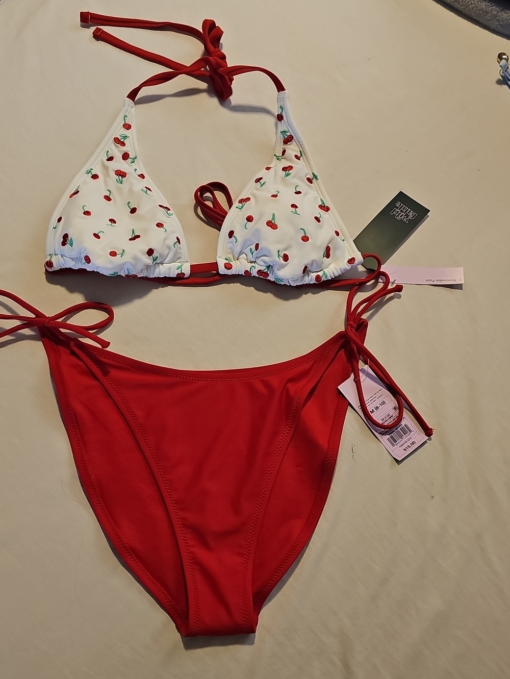 Wild Fable Cherry Triangle Swim Top with Red Ties & Solid Red Side Tie Bottoms